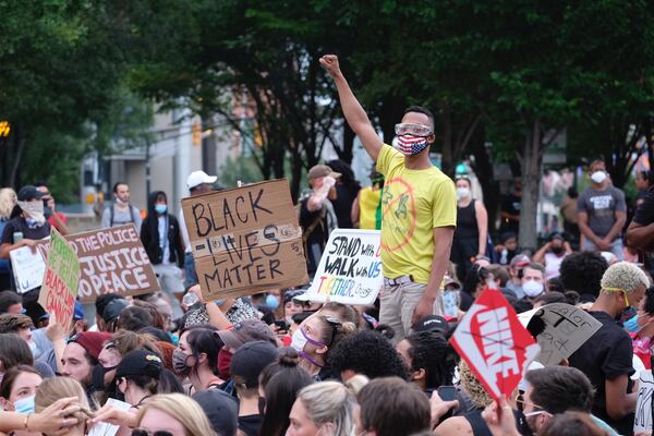 Protesters converge in downtown Atlanta for a sixth day of protests in the city.  (Ben Gray for the Atlanta Journal Constitution)