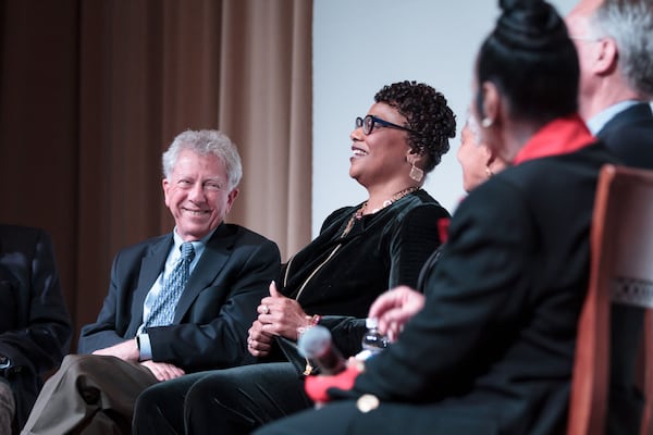 Bernice King , center, listens to stories about Martin Luther King during a panel discussion at the Atlanta History Center's McElreath Hall In Atlanta Ga Wednesday 21, 2018.  At left is former AJC Managing Editor Hank Klibanoff. STEVE SCHAEFER / SPECIAL TO THE AJC