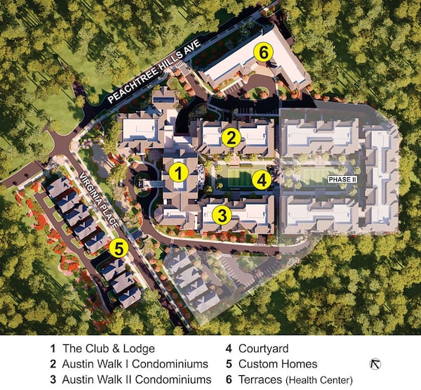 A schematic of the plan for a luxury over-55 development built by Isakson Living. But the trees shown across Peachtree Hills Avenue will no longer be there, as a neighboring developer, Ashton Woods, plans a clear-cutting. (Caption: Bill Torpy)