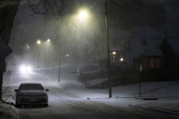 Snow blows during a blizzard warning in Omaha, Neb., Tuesday, March 4, 2025. (Chris Machian/Omaha World-Herald via AP)