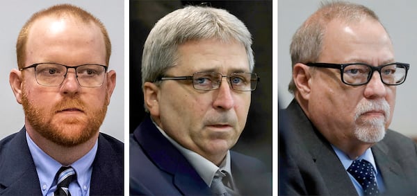 FILE - This combination of photos shows, from left, Travis McMichael, William "Roddie" Bryan and Gregory McMichael during their trial at the Glynn County Courthouse in Brunswick, Ga. (AP Photo/Pool, File)