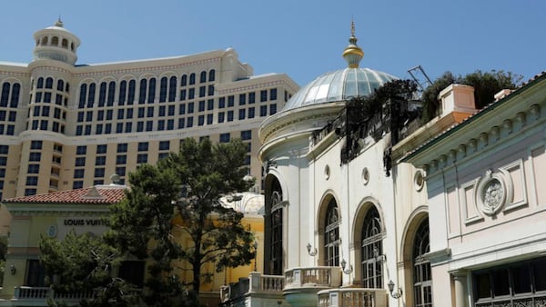 FILE - This April 14, 2017 file photo shows the Bellagio casino and resort in Las Vegas. Police in Las Vegas say they are looking for an armed suspect who fled from the Bellagio casino-resort after he demanded money from a cashier area. Police say the man wore a mask when he approached the poker cage on Tuesday, Nov. 28, 2017. (AP Photo/John Locher, File)