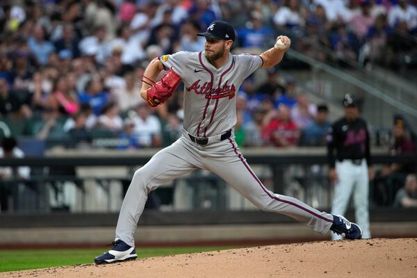 Atlanta Braves' Chris Sale pitches during the first inning of a baseball game against the New York Mets, Thursday, July 25, 2024, in New York. (AP Photo/Pamela Smith)