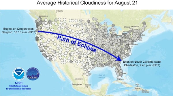 The darker the dot, the greater the chance for cloudiness at the hour of peak viewing during the total solar eclipse on August 21, 2017. Dots represent automated weather stations that reported the cloudiness data and show the 10-year cloudiness average for August 21, 2001–2010.