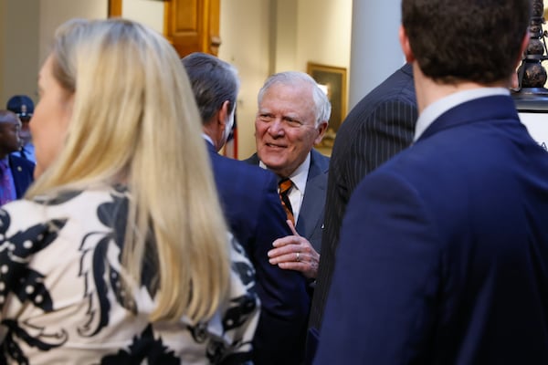 Former Gov. Nathan Deal greets Gov. Brian Kemp following a news conference about the partnership with Mercer University and Children’s Healthcare to advance pediatric care in rural Georgia on Wednesday, February 22, 2023. (Natrice Miller/The Atlanta Journal-Constitution) 