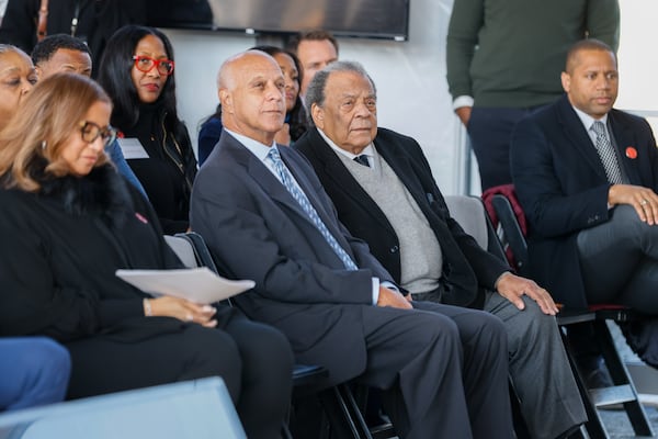 (L-R) Former mayors Bill Campbell and Andrew Young attend a groundbreaking ceremony for the Centennial Yards Atlanta Development in Atlanta on Thursday, November 17, 2022.   (Arvin Temkar / arvin.temkar@ajc.com)