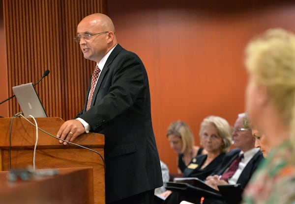 John D. Barge, then Georgia State School Superintendent, speaks before committee members during a Role of Federal Government in Education Study Committee meeting in Atlanta on Wednesday, July 26, 2014. Barge is running again for the statewide role overseeing Georgia's public schools. HYOSUB SHIN / HSHIN@AJC.COM