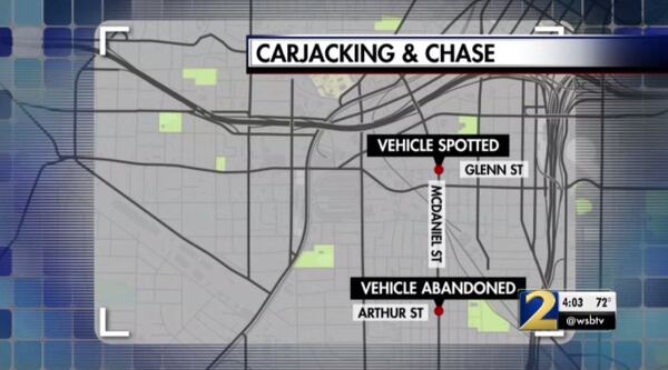 Police are searching for a man suspected of carjacking a white Nissan sedan in Cobb County and then leading officers on a chase through a southwest Atlanta neighborhood.