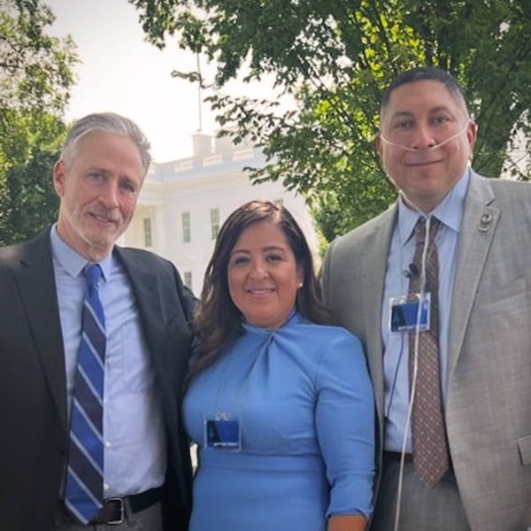 Le Roy, right, and Rosie Torres, center, joined comedian Jon Stewart in supporting the passage of a 2022 federal that expands VA health care and benefits for veterans exposed to burn pits, Agent Orange and other toxic substances. Known as the PACT Act, the law also extends eligibility for VA health care. (Courtesy)