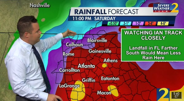 Parts of North Georgia could pick up significant rainfall by Sunday night depending on how closely the remnants of Hurricane Ian pass by to the south, according to Channel 2 Action News meteorologist Brian Monahan.