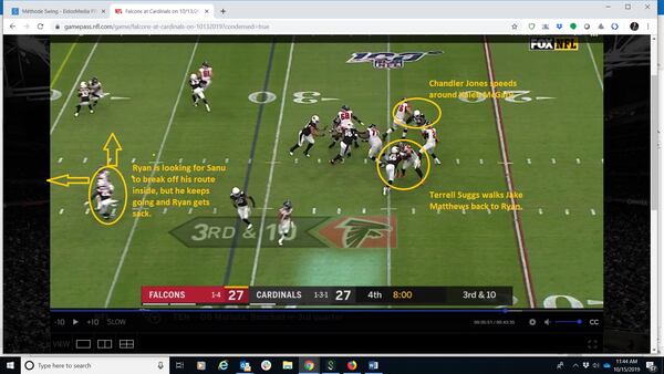 With a chance to take the lead, the Falcons couldn't convert on key third down late in the game as both tackles were beaten and a receiver ran the wrong route. (Screen grab from gamepass.nfl.com Fox Broadcast)