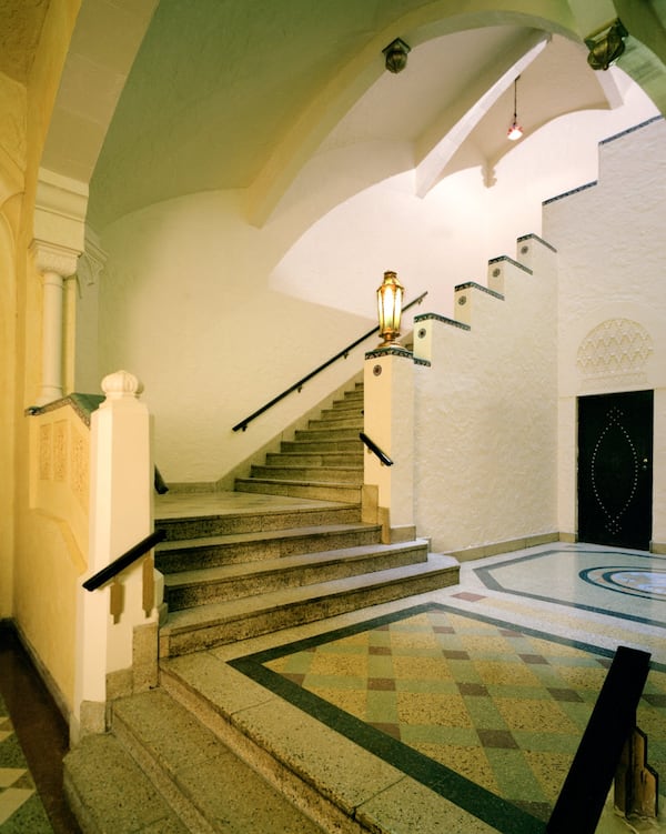 The Grand Staircase, which sweeps Fox Theatre visitors from the entry arcade upstairs to the Grand Salon and Egyptian Ballroom.