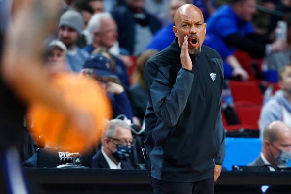 Georgia State head coach Rob Lanier calls to his team during the second half of a first round NCAA college basketball tournament game against Gonzaga, Thursday, March 17, 2022, in Portland, Ore. (AP Photo/Craig Mitchelldyer)