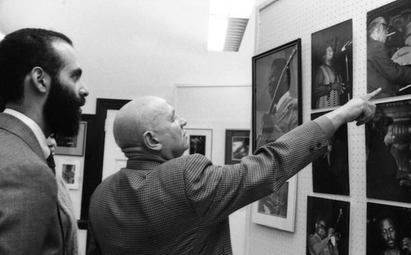 Artist Romare Bearden (right) visited the Neighborhood Arts Center with board member Michael Lomax in March 1978. (Courtesy of Jim Alexander)