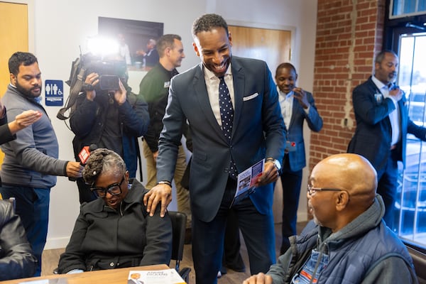 Mayor Andre Dickens greets supporters following a news conference to kick off his reelection campaign at his campaign headquarters in Atlanta on Tuesday, March 11, 2025. (Arvin Temkar/AJC)