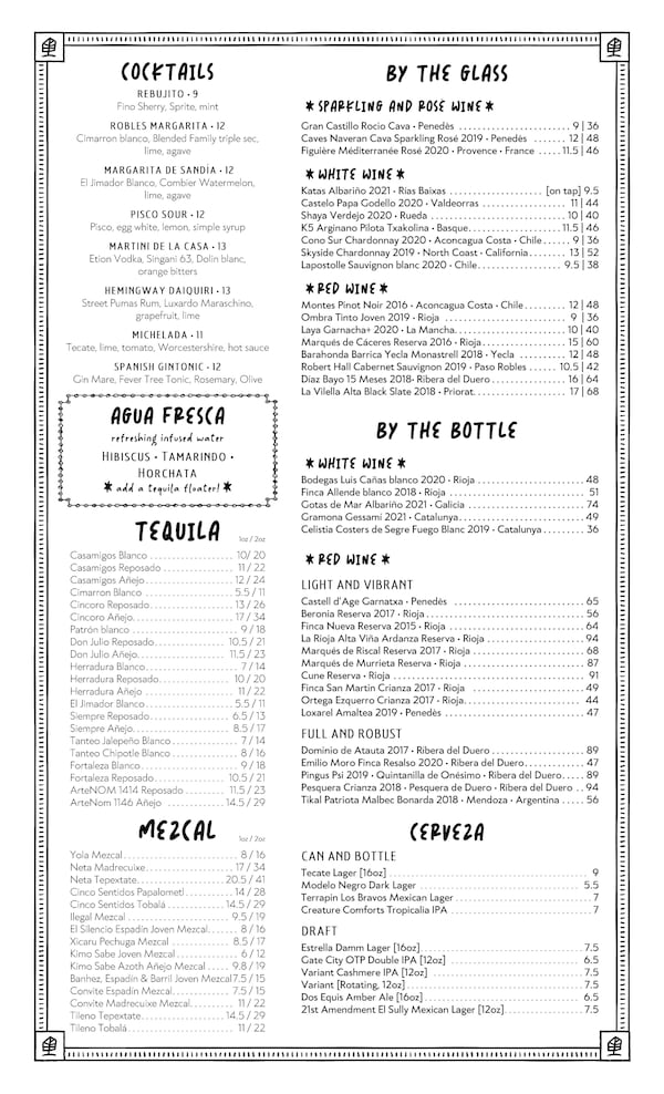 Casa Robles menu