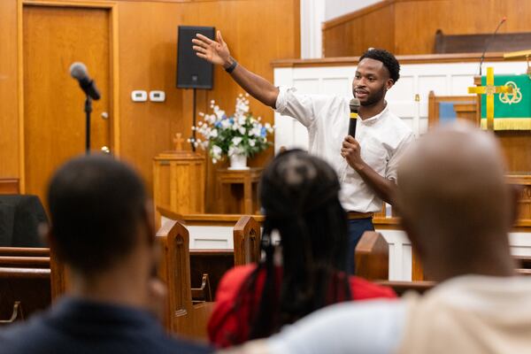 Democratic candidate for Georgia House District 56 Bryce Berry speaks to voters at an event at Calvary UMC church in Atlanta on Thursday, September 19, 2024. Berry is running against incumbent Mesha Mainor, R-Atlanta, a former Democrat who switched to the Republican Party.