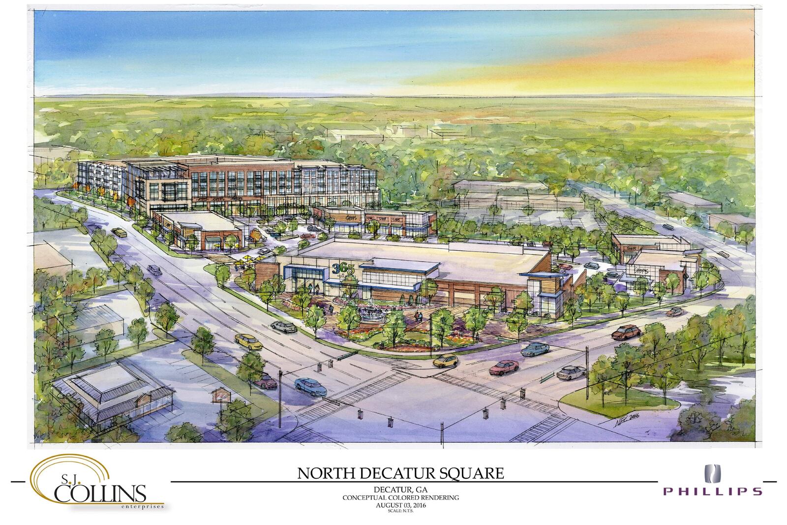 Artist rendition of North Decatur squre, with Whole Foods in front, North Decatur Road to the right and Church Street to the left. Courtesy of S.J. Collins.