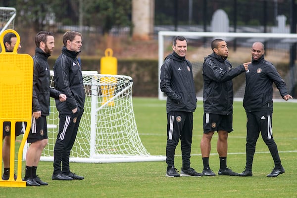 01/13/2019 -- Marietta, Georgia -- Atlanta United coaches convene during practice at the team's training facility at the Children's Healthcare of Atlanta Training Ground, Monday, January 13, 2020. (ALYSSA POINTER/ALYSSA.POINTER@AJC.COM)