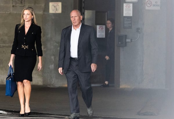 Trump Lawyers Jennifer Little (left) and  Steve Sadow walk out of the Richard B. Russell Federal Courthouse after hearing Mark Meadow’s testimony to move the Georgia Rico case to Federal Court on August 28, 2023 in Atlanta. (Michael Blackshire/Michael.blackshire@ajc.com)