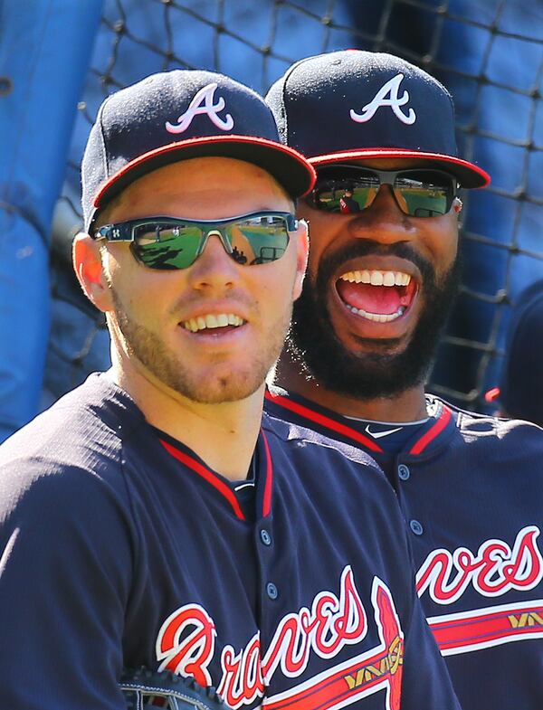 Braves Freddie Freeman and Jason Heyward laugh during batting practice before taking on the Nationals on Sept. 17, 2014, in Atlanta. CURTIS COMPTON / CCOMPTON@AJC.COM