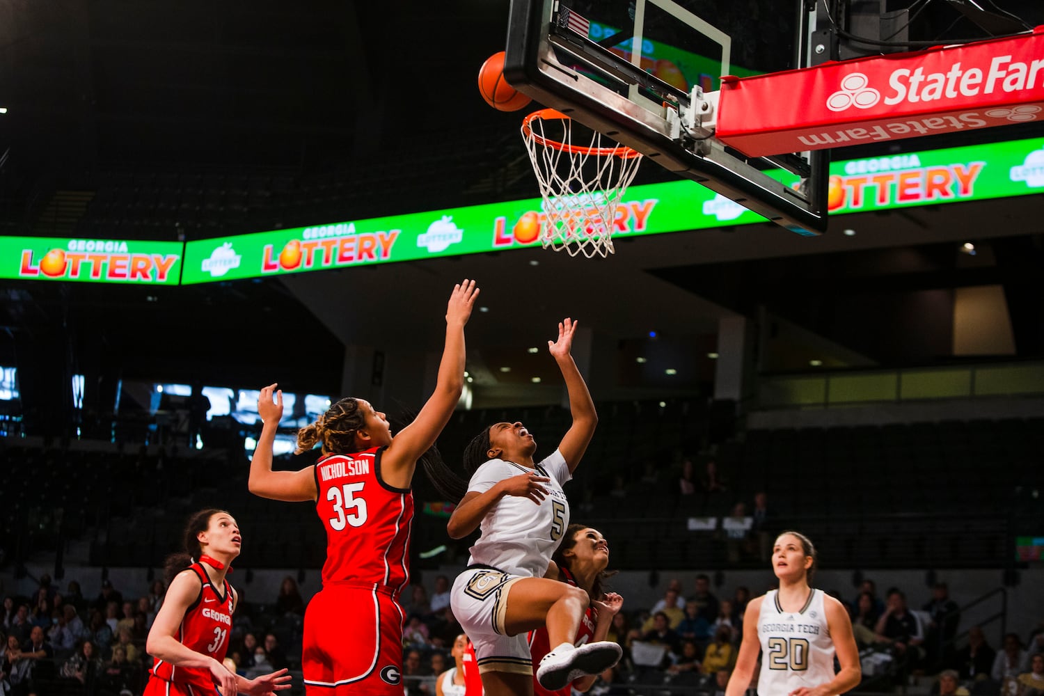 Georgia Tech's Tonie Morgan makes a layup against Georgia during their women's basketball game Sunday in Atlanta. (CHRISTINA MATACOTTA / FOR THE ATLANTA JOURNAL-CONSTITUTION)