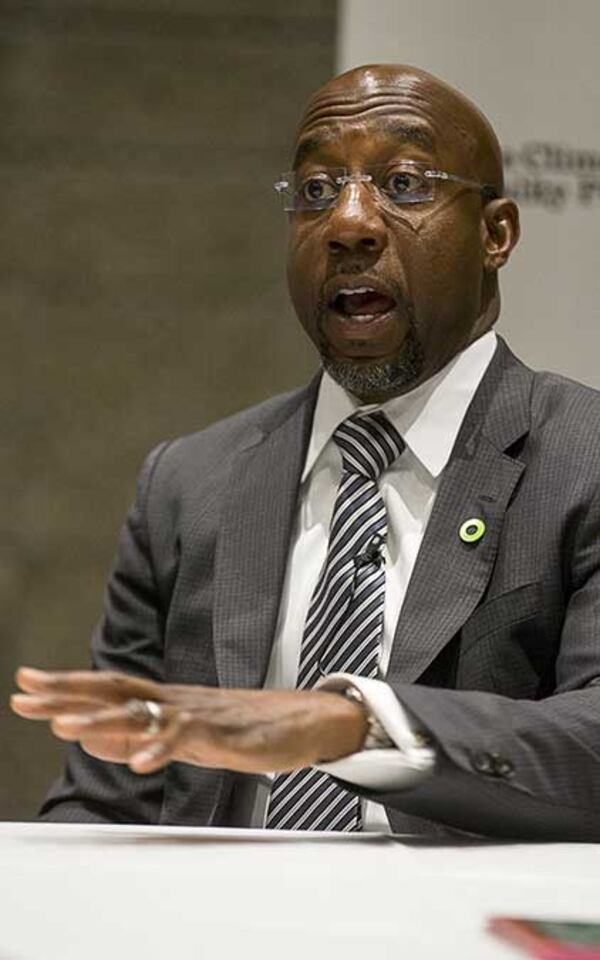 Atlanta's Ebenezer Baptist Church pastor, Reverend Raphael G. Warnock, speaks with members of the media at a round table discussion during the Climate Reality Leadership Corps at Georgia World Congress Center in Atlanta.