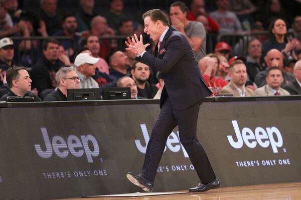 St. John's head coach Rick Pitino reacts after a foul is called on his team during the first half of an NCAA college basketball game against Butler in the quarterfinals of the Big East Conference tournament, Thursday, March 13, 2025, in New York. (AP Photo/Pamela Smith)