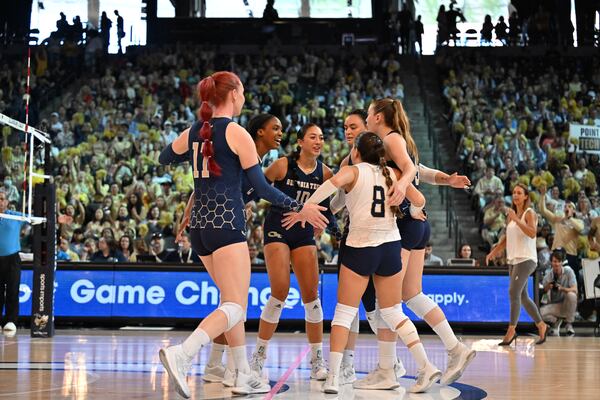 A crowd of 3,418 attended the Georgia Tech volleyball team's home game against Pittsburgh at McCamish Pavilion Oct. 9, 2022, setting a team record for home attendance. (Danny Karnik/Georgia Tech Athletics)