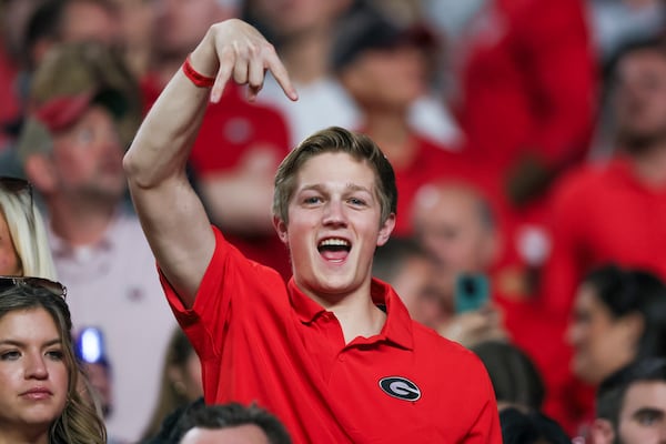 Georgia fans react during the closing minutes of Georgia’s 30-15 win against Texas at Darrel K Royal Texas Memorial Stadium, Saturday, October 19, 2024, in Austin, Tx. (Jason Getz / AJC)

