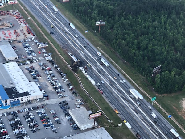 This fiery tractor trailer crash shut down I-75/northbound in McDonough for nearly six hours Thursday. Credit: Doug Turnbull, WSB Skycopter.