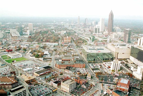 An aerial photo of Luckie Street in downtown Atlanta on Nov. 18, 1993, roughly where Centennial Olympic Park was built ahead of the 1996 Atlanta Olympic Games. (KIMBERLY SMITH/AJC staff)