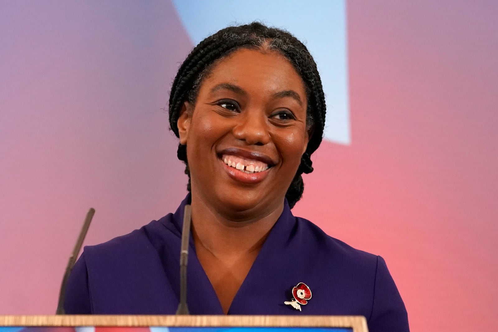 Britain's Member of Parliament Kemi Badenoch, speaks after being elected as the new leader of the opposition Conservative Party, in London, Saturday, Nov. 2, 2024. (AP Photo/Alberto Pezzali)