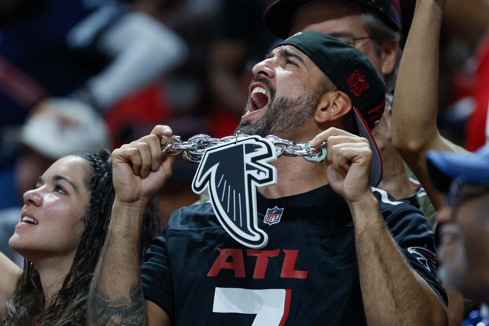 A Falcons fan reacts after an Atlanta touchdown during Sunday's win over the Cowboys.