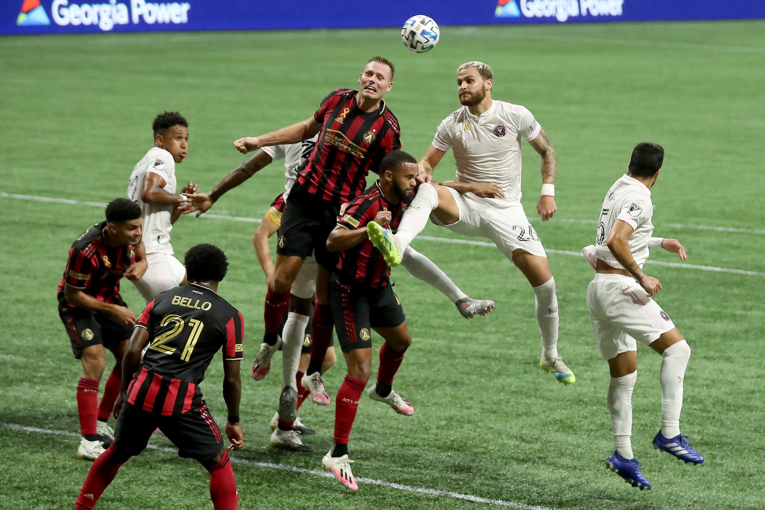 Atlanta United forward Adam Jahn (14) and defender Anton Walkes (4) defends a header against Miami defender Leandro Gonzalez Pirez (26) in the first half at Mercedes-Benz Stadium Saturday, September 19, 2020 in Atlanta. JASON GETZ FOR THE ATLANTA JOURNAL-CONSTITUTION