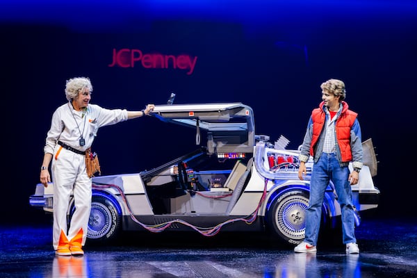 Don Stephenson (left) as Doc Brown and Caden Brauch (right) as Marty McFly in a production of "Back to the Future: The Musical." The touring show will come to Atlanta Sept. 23-28, 2025.