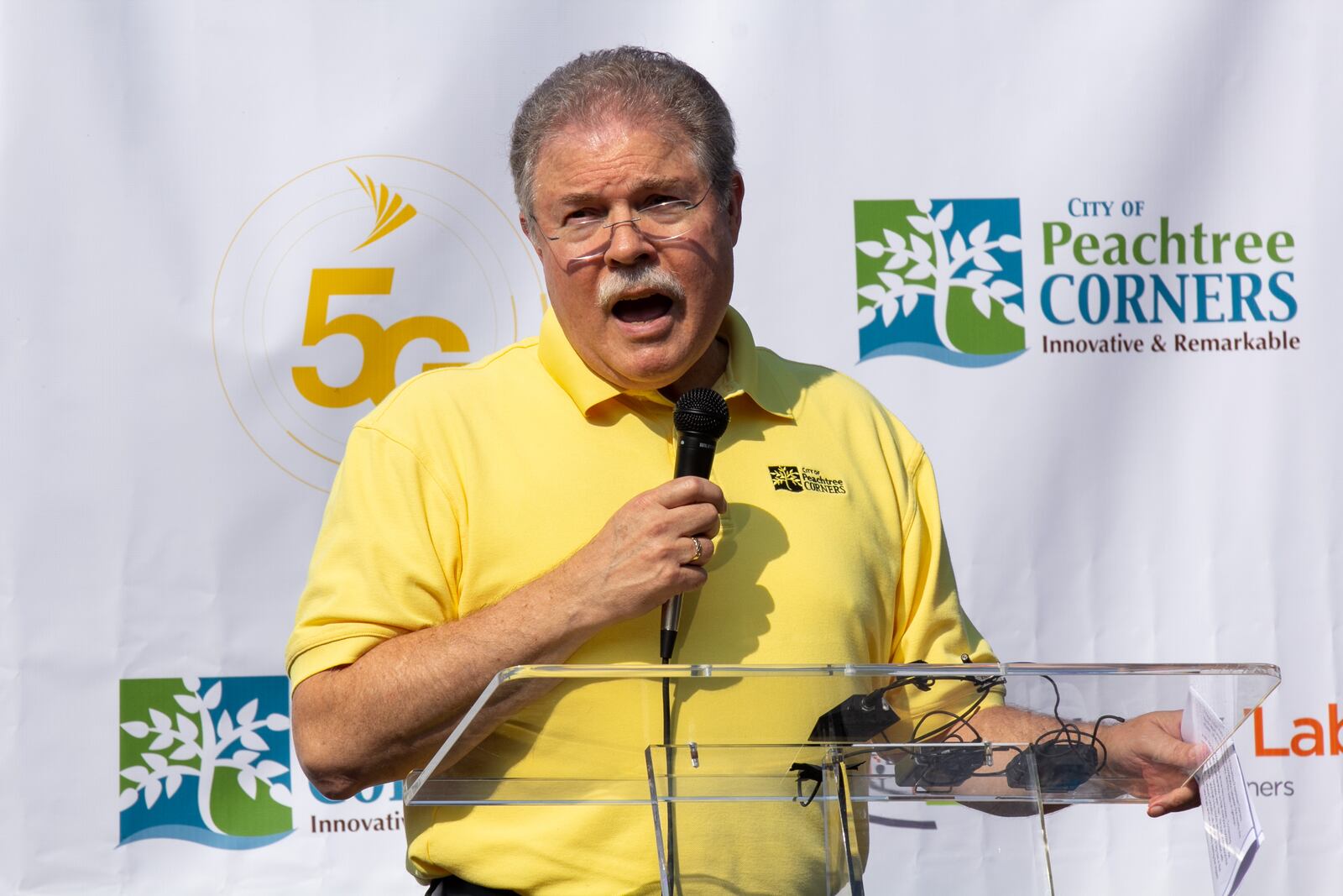 Mayor of Peachtree Corners Mike Mason speaks in Peachtree Corners, Georgia, on Tuesday, Oct. 1, 2019. Peachtree Corners announced the launch of free autonomous shuttles available to the public on Tuesday. The shuttles will run Monday through Friday from 10 a.m. to 6 p.m. on a 1.5 mile track in the Peachtree Corners Curiosity Lab. (Photo/Rebecca Wright for the Atlanta Journal-Constitution)