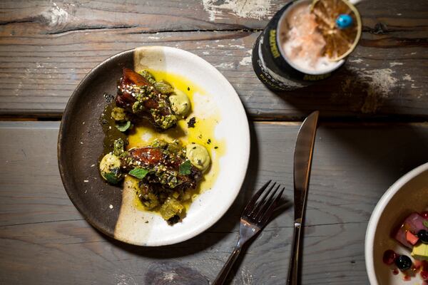 Pork Belly with proper glaze, smoked poblano, pineapple, avocado, and salsa verde. Photo credit- Mia Yakel.