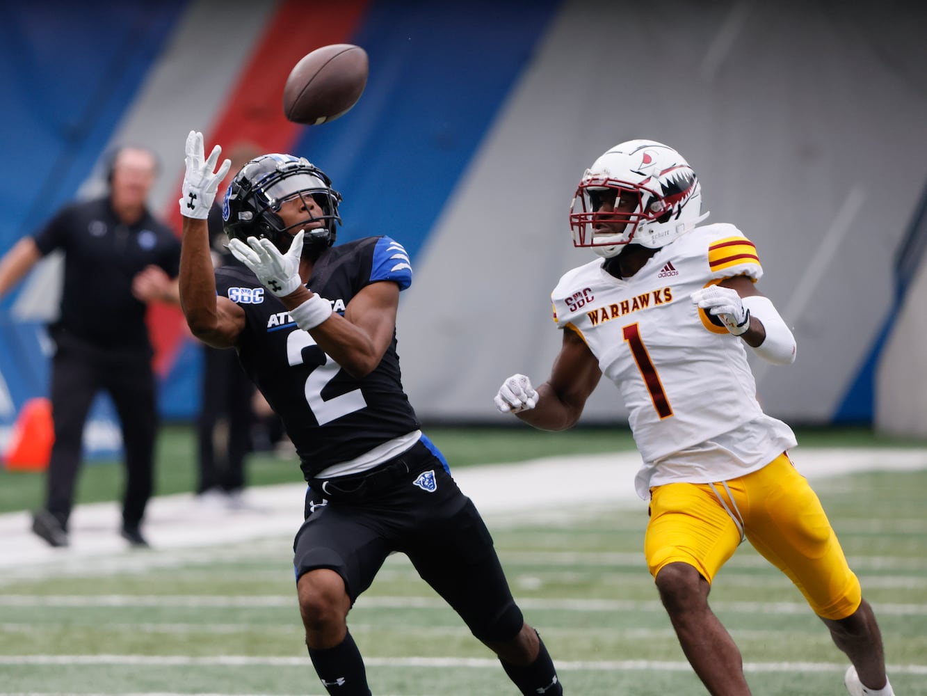 Georgia State Panthers wide receiver Jamari Thrash hauls in a long pass from Darren Grainger.   (Bob Andres for the Atlanta Journal Constitution)