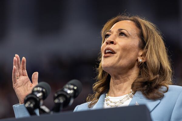 Vice President Kamala Harris speaks at Georgia State University Convocation Center in Atlanta on Tuesday, July 30, 2024 for a campaign rally. (Arvin Temkar / AJC)