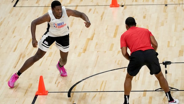 Georgia Tech's Moses Wright participates in the NBA Draft Combine on Tuesday, June 22, 2021, at the Wintrust Arena in Chicago. (Charles Rex Arbogast/AP)