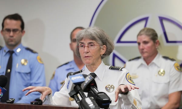 New Orleans Police Superintendent Anne Kirkpatrick shares information about the investigation of Sunday's shootings during a press conference at the NOPD headquarters on Poydras Street in New Orleans, Monday, Nov. 18, 2024. (David Grunfeld/The Times-Picayune/The New Orleans Advocate via AP)