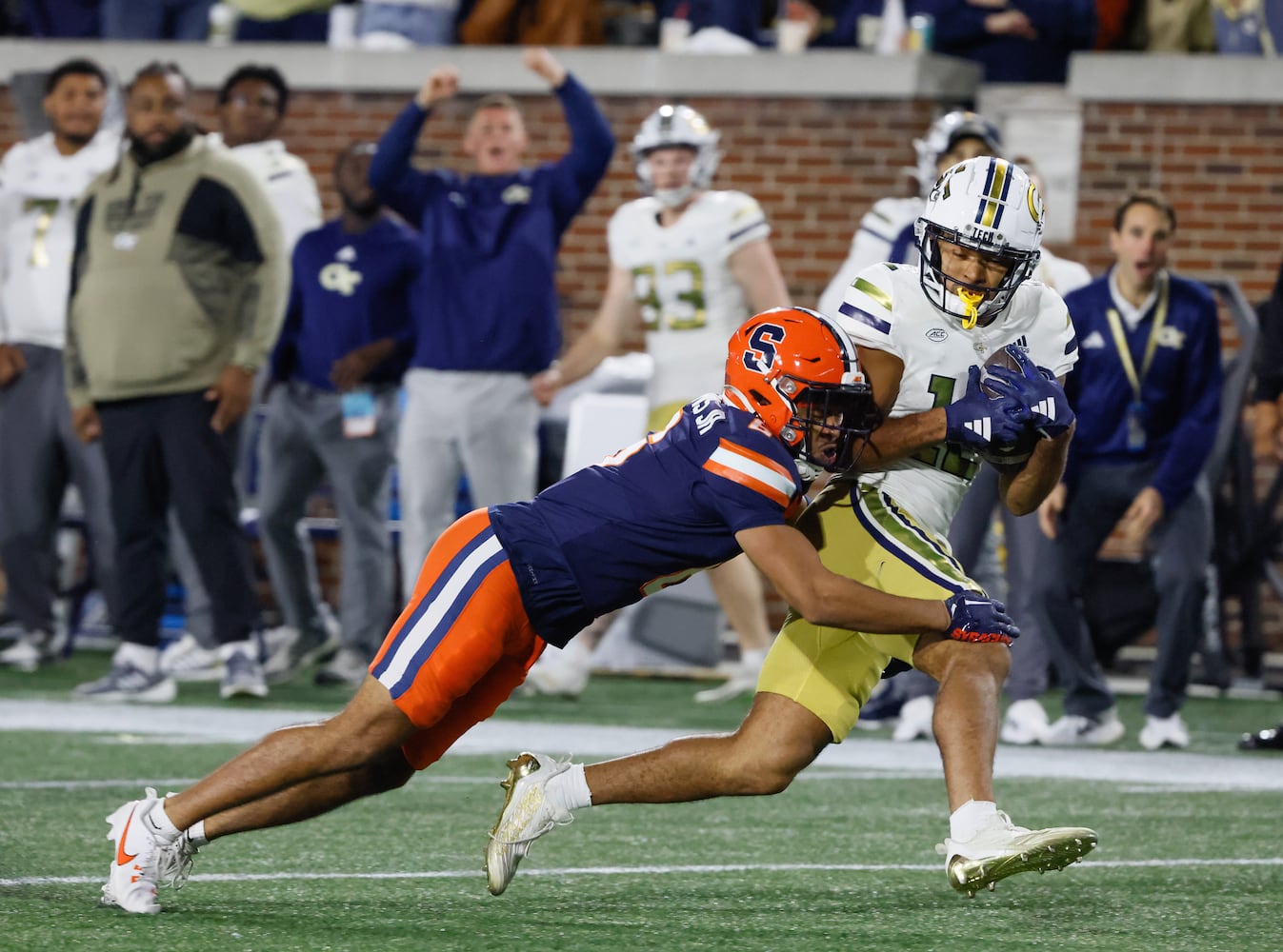 Georgia Tech Yellow Jackets wide receiver Dominick Blaylock (12) runs for a touchdown after a catch during the first half of an NCAA college football game between Georgia Tech and Syracuse in Atlanta on Saturday, Nov. 18, 2023.   (Bob Andres for the Atlanta Journal Constitution)