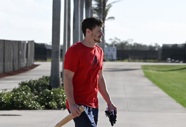 Atlanta Braves catcher Sean Murphy walks to an indoor batting practice facility during the first of the Braves pitchers and catchers report to spring training at CoolToday Park, Wednesday, February 12, 2025, North Port, Florida. (Hyosub Shin / AJC)