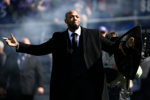 FILE - Former Baltimore Raven Terrell Suggs is introduced before an NFL football game against the Detroit Lions, Oct.22, 2023, in Baltimore. (AP Photo/Nick Wass, File)