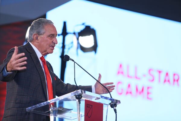 October 23, 2017.     Atlanta United Owner Arthur Blank,  r speaks during a press conference ware Atlanta was selected to host the 2018 MLS All Star game at the Mercedes-Benz stadium on Monday 23, 2017.