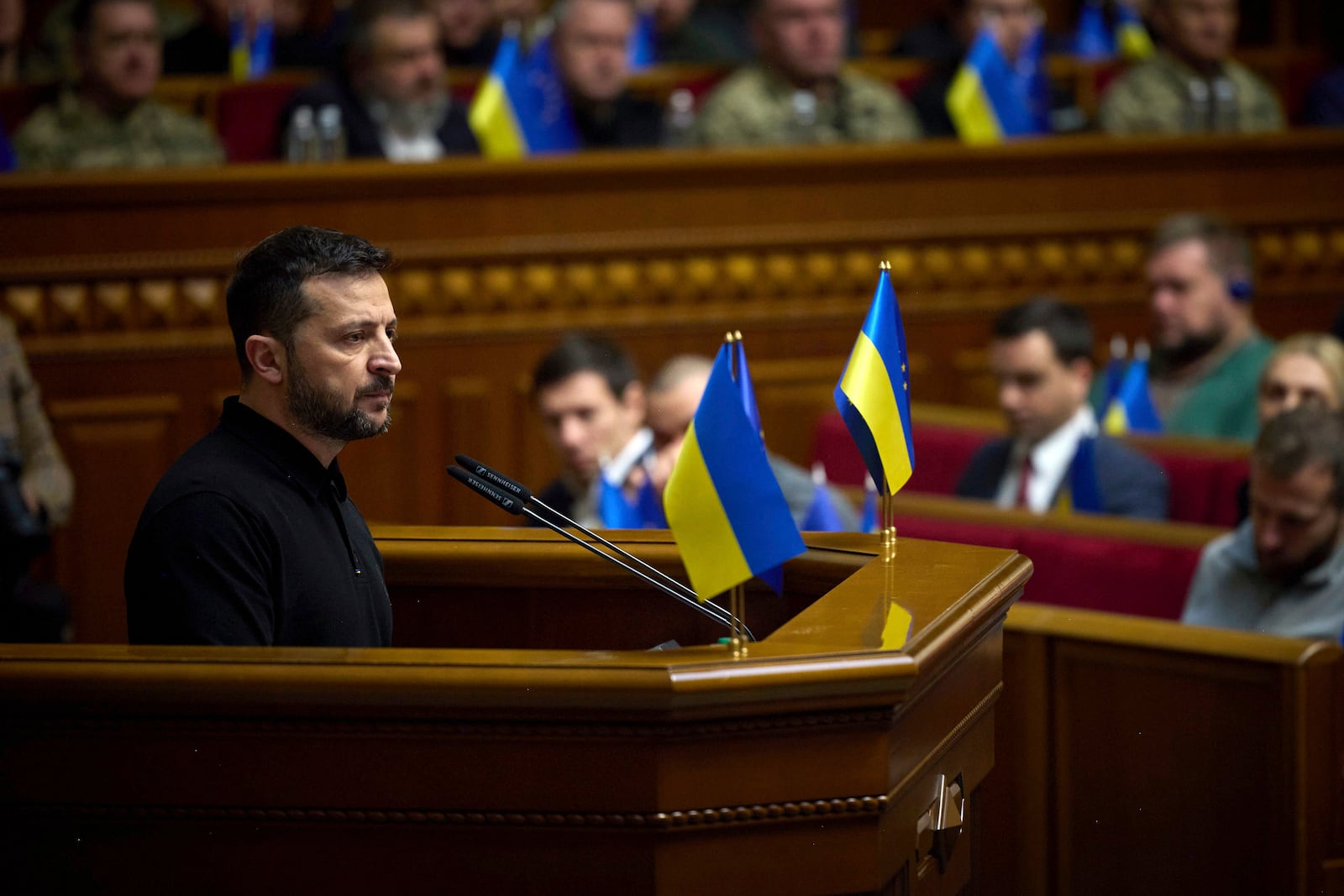 In this photo provided by the Press Service Of The President Of Ukraine on Oct. 16, 2024, Ukraine's President Volodymyr Zelenskyy speaks to parliamentarians at Verkhovna Rada in Kyiv, Ukraine. (Press Service Of The President Of Ukraine via AP)