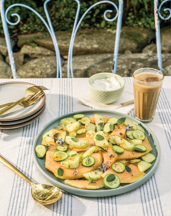 Melon and Cucumber Breakfast Salad is "a really nice combo of sweet, salty, sour, and floral, with mint and edible flowers," says “Eat Cool: Good Food for Hot Days” author Vanessa Seder. (Courtesy of Rizzoli USA)