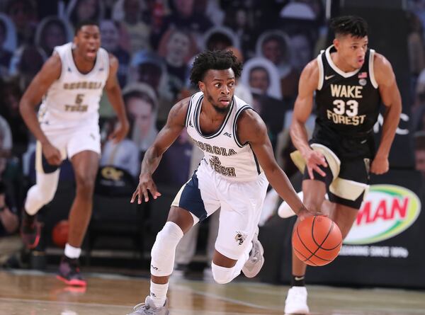 Georgia Tech guard Bubba Parham steals the ball from Wake Forest forward Ody Oguama during the first half Sunday, Jan. 3, 2021, at McCamish Pavilion in Atlanta.  (Curtis Compton / Curtis.Compton@ajc.com)