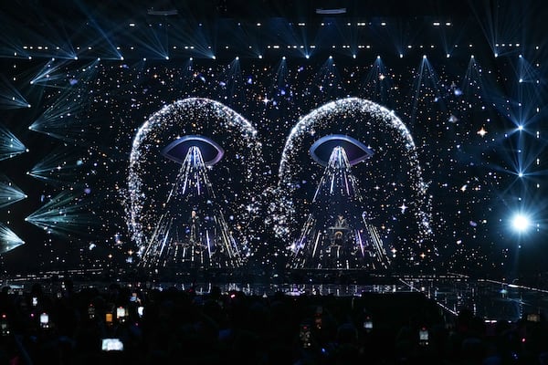 Neil Tennant, left, and Chris Lowe from the 'Pet Shop Boys' perform alongside the Manchester Camerata during the MTV European Music Awards in Manchester, England, Sunday, Nov. 10, 2024. (Scott A Garfitt/Invision/AP)